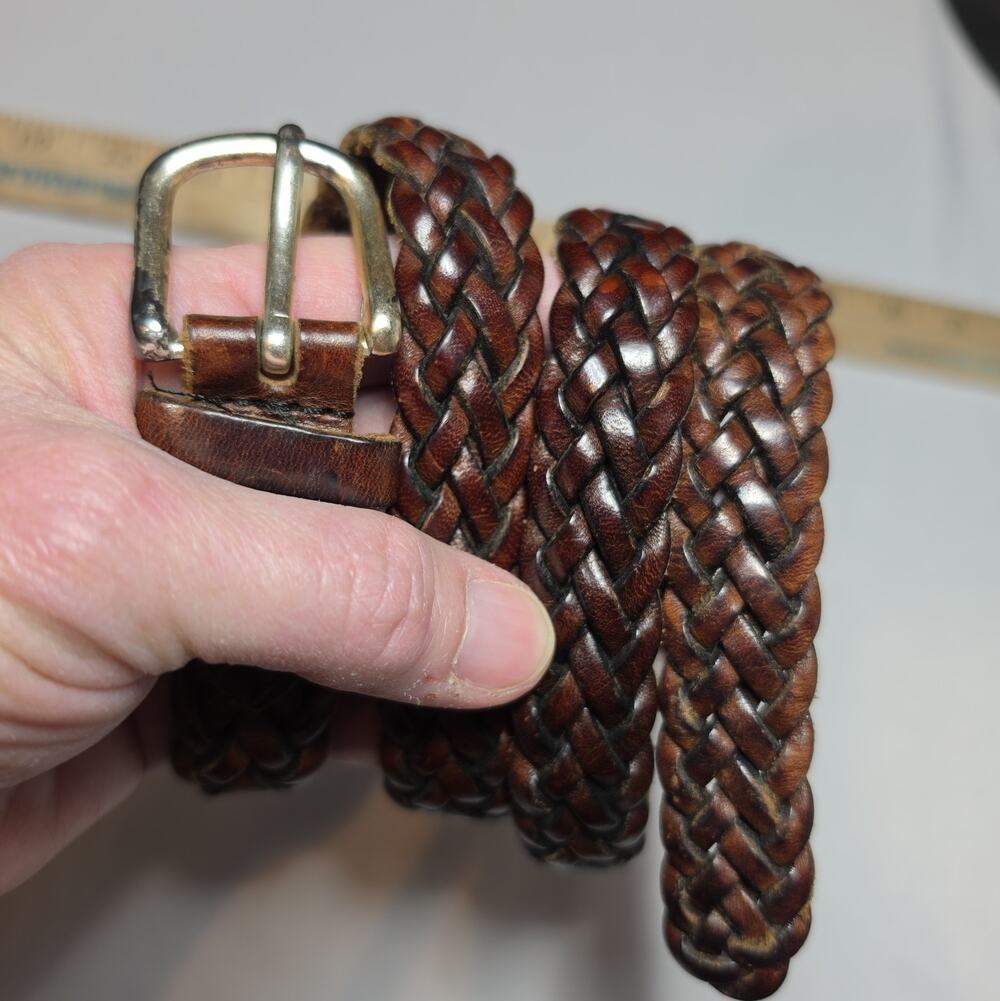 Vintage 90s Braided Leather Belt Brown Preppy Country Club Coastal Size M SKINNY